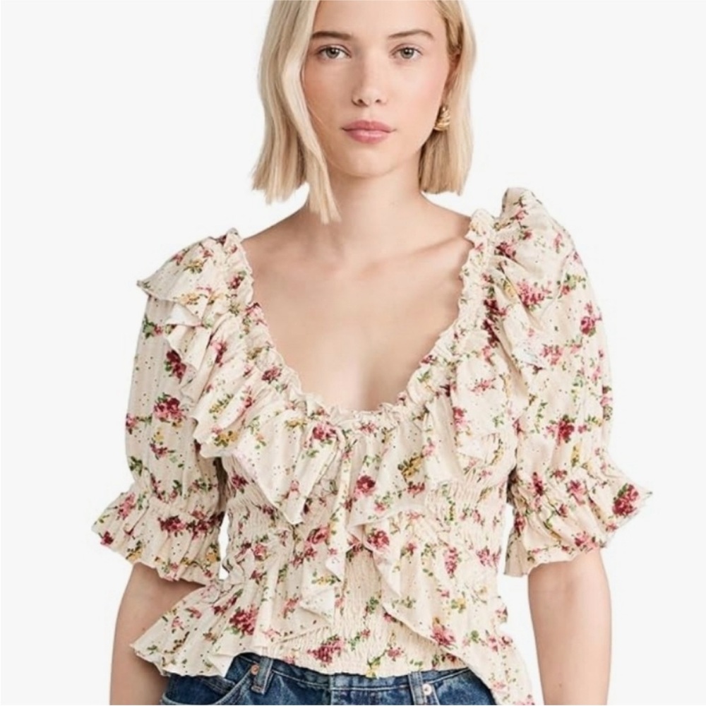 XL Free People Favorite Girl Tea Party Ruffle Top in ‘tea combo’. Cottagecore